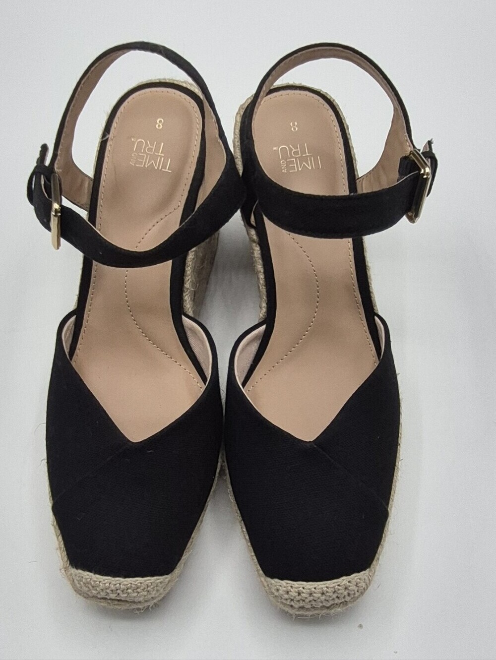 Time and Tru Black Espadrille Wedge Sandals with Ankle Strap